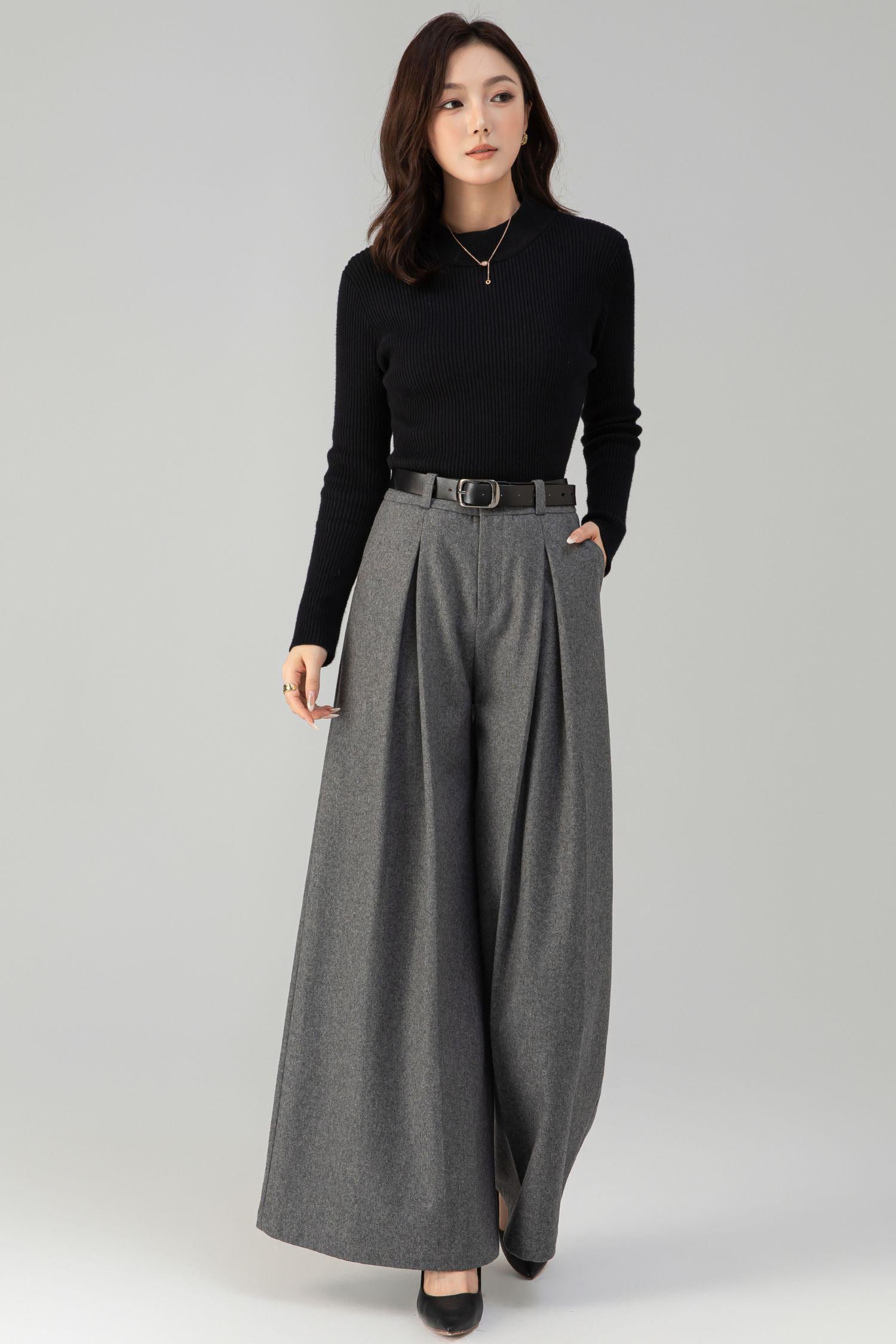 Gray Wool Blend Wide Leg Pants: High Waisted Women's Pleated
