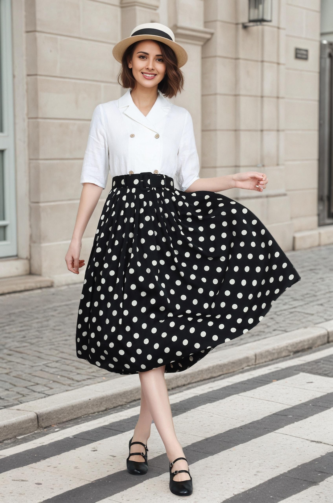 Audrey Hepburn Style Polka Dot Midi Skirt: High-waisted Satin A