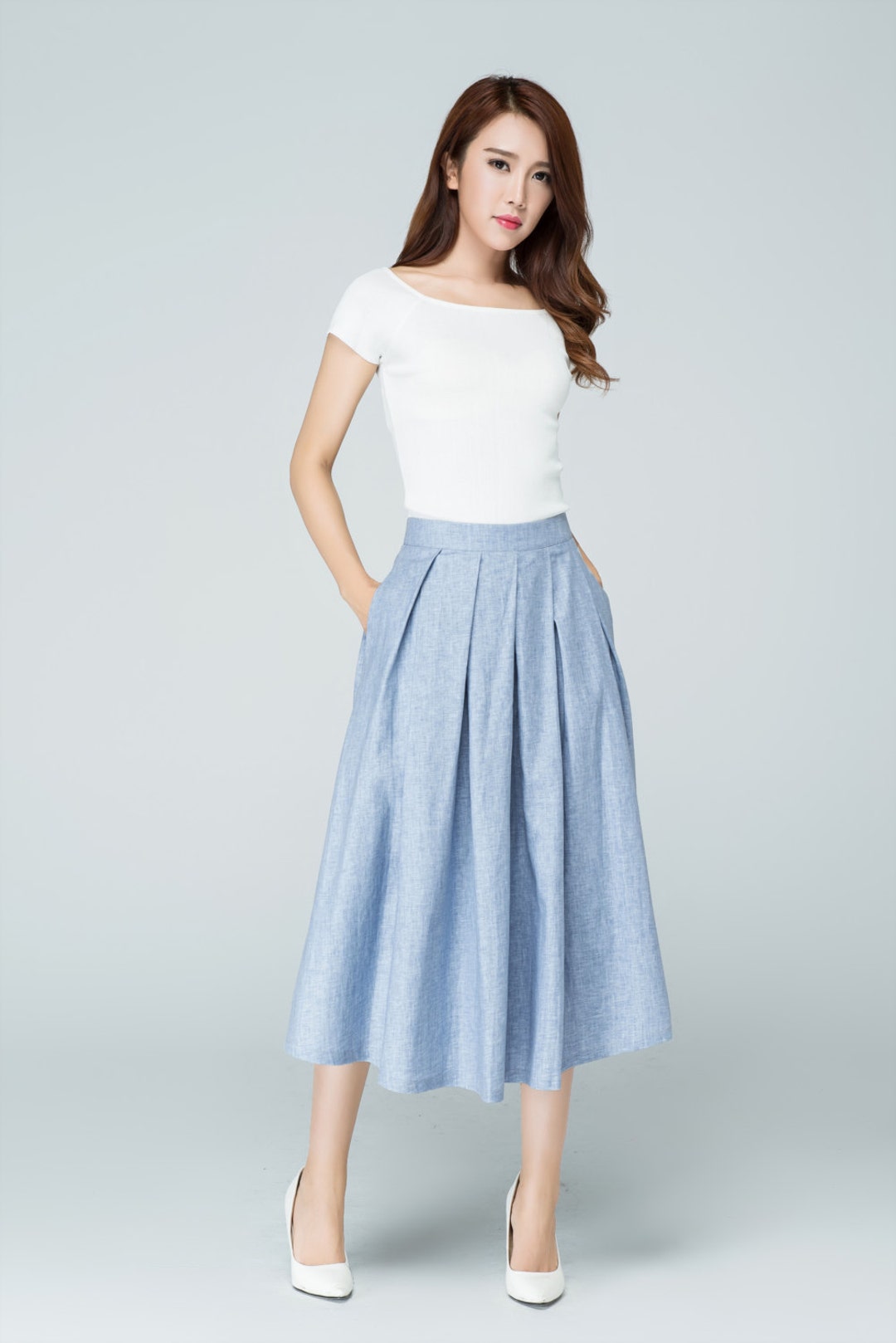 A Line Pleated Midi Skirt in Blue Linen Skirt Pockets - Etsy