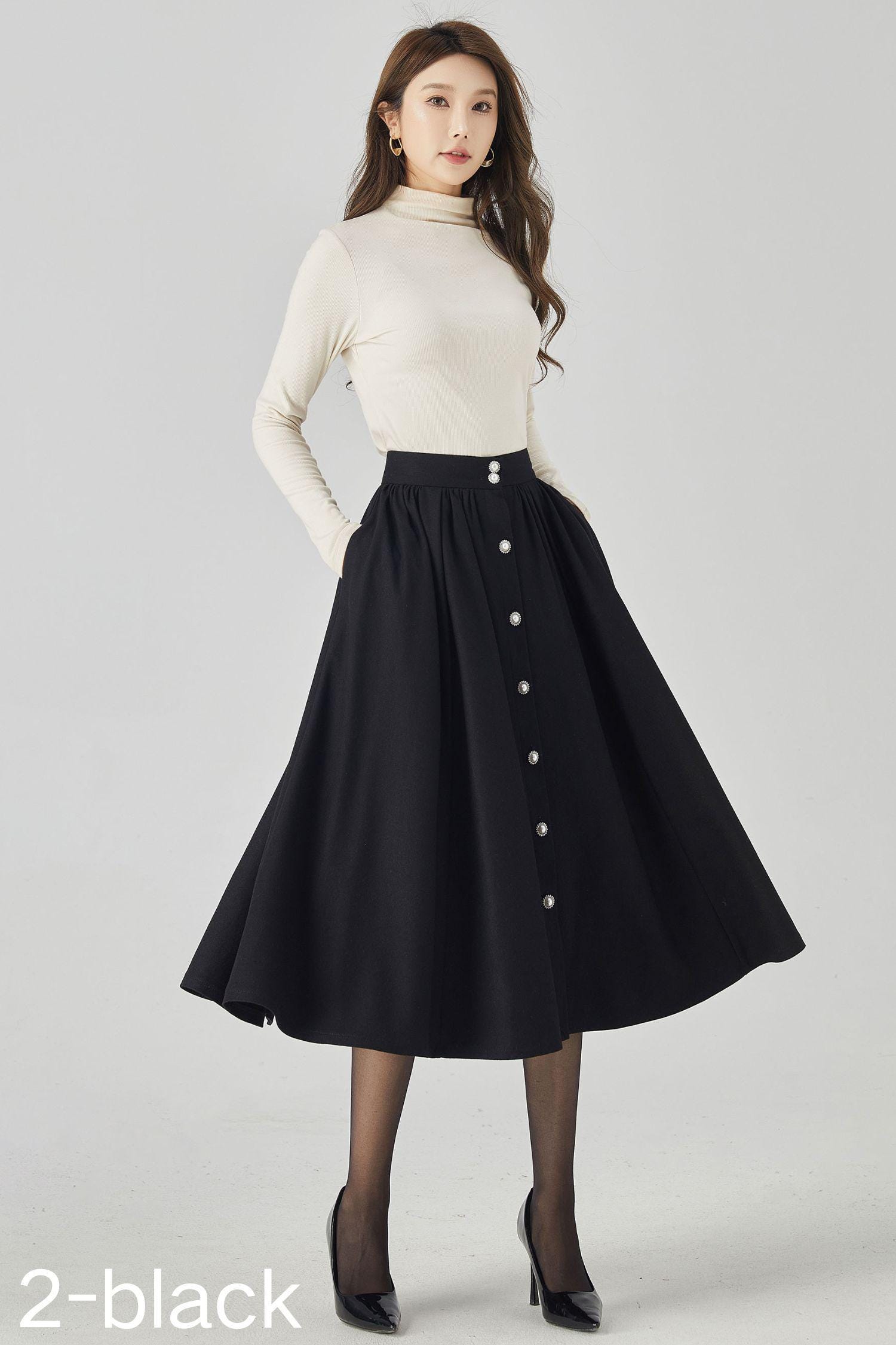 Wool Skirt, Midi Wool Skirt, Swing Pleated Wool Skirt, Green