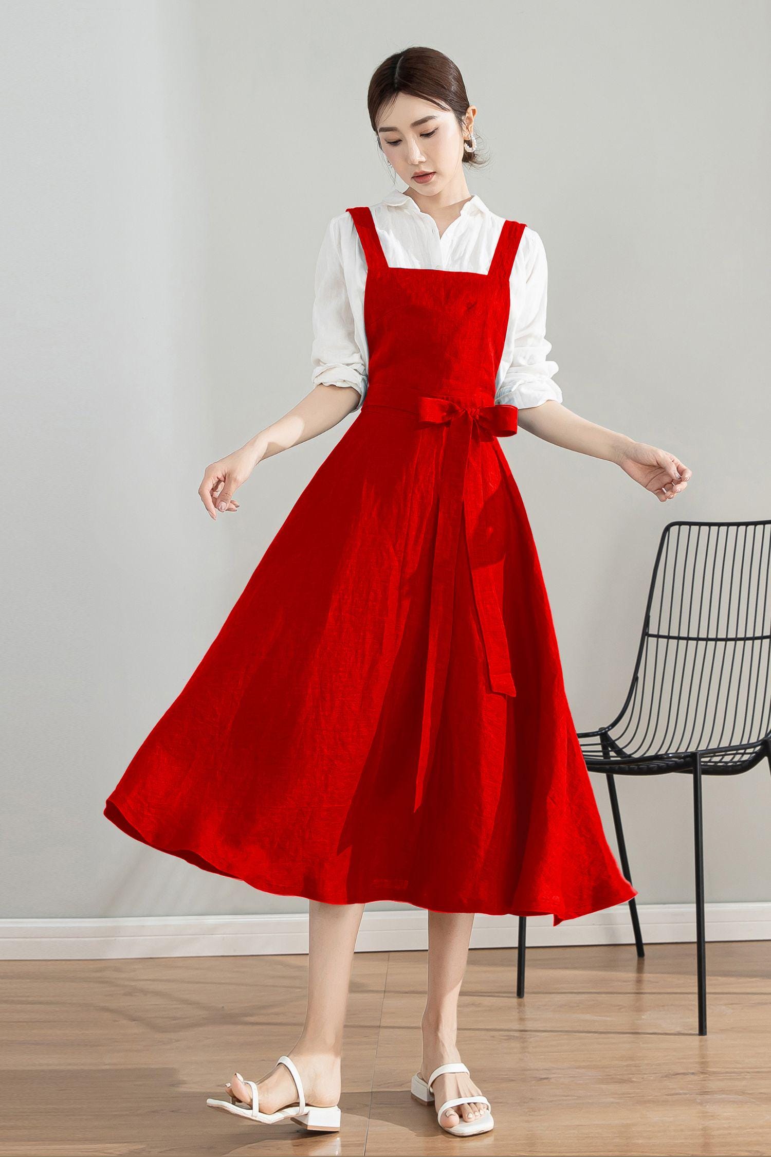 little のれん Linen Pinafore Dress - Apron Style Midi Dress, Sleeveless