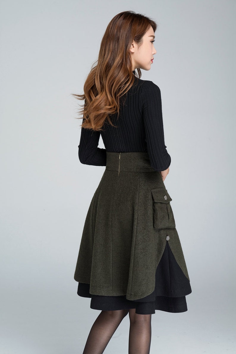 Winter Skater Wool Skirt Women, Wool Midi Skirt with Pockets, High Waist Layered Skirt, Patchwork Skirt, Wool Circle Skirt, Xiaolizi 1627 image 7