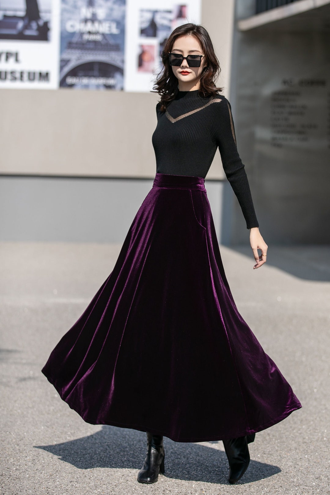 Purple Long Velvet Skirt, Swing Velvet Skirt, High Waisted Skirt, Women ...