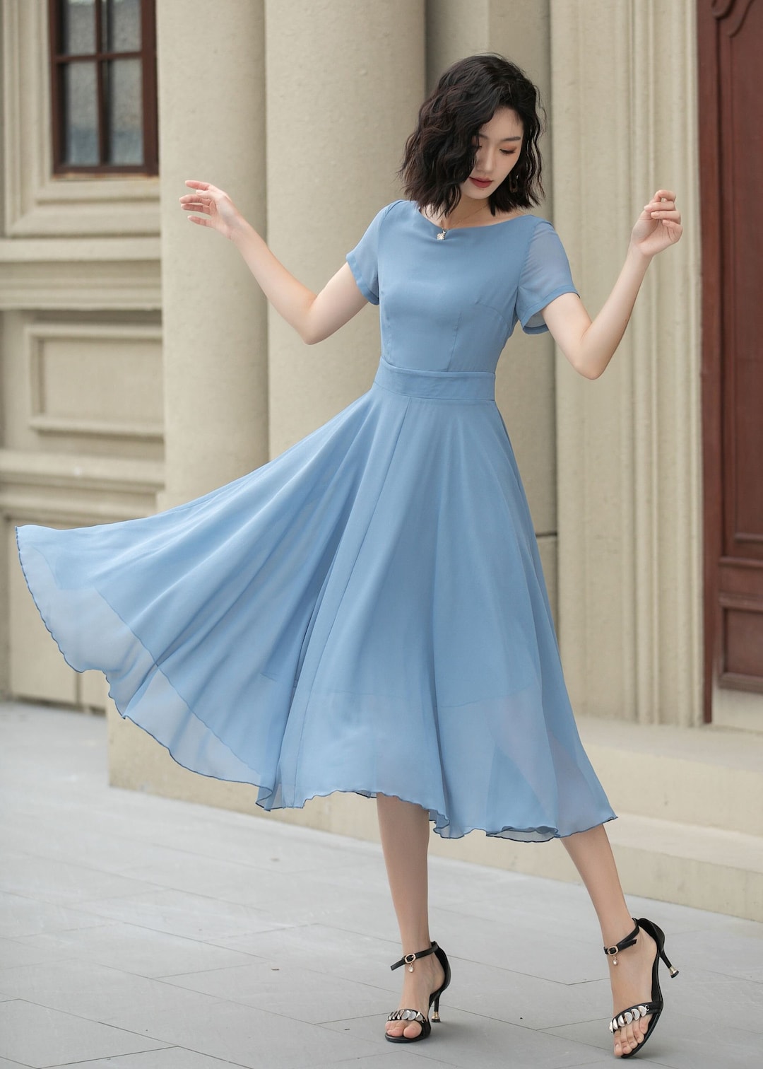 Midi Chiffon Dress, Blue Boho Swing Chiffon Dress, Bridesmaid