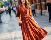 Rust Red Linen Shirt Dress, Casual Linen Maxi Dress With