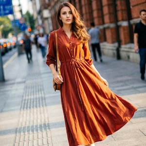 Rust Red Linen Shirt Dress,  Casual Linen Maxi Dress with Drawstring, Custom Long Sleeve Swing Dress, Button down Retro Fall Dress 0804#