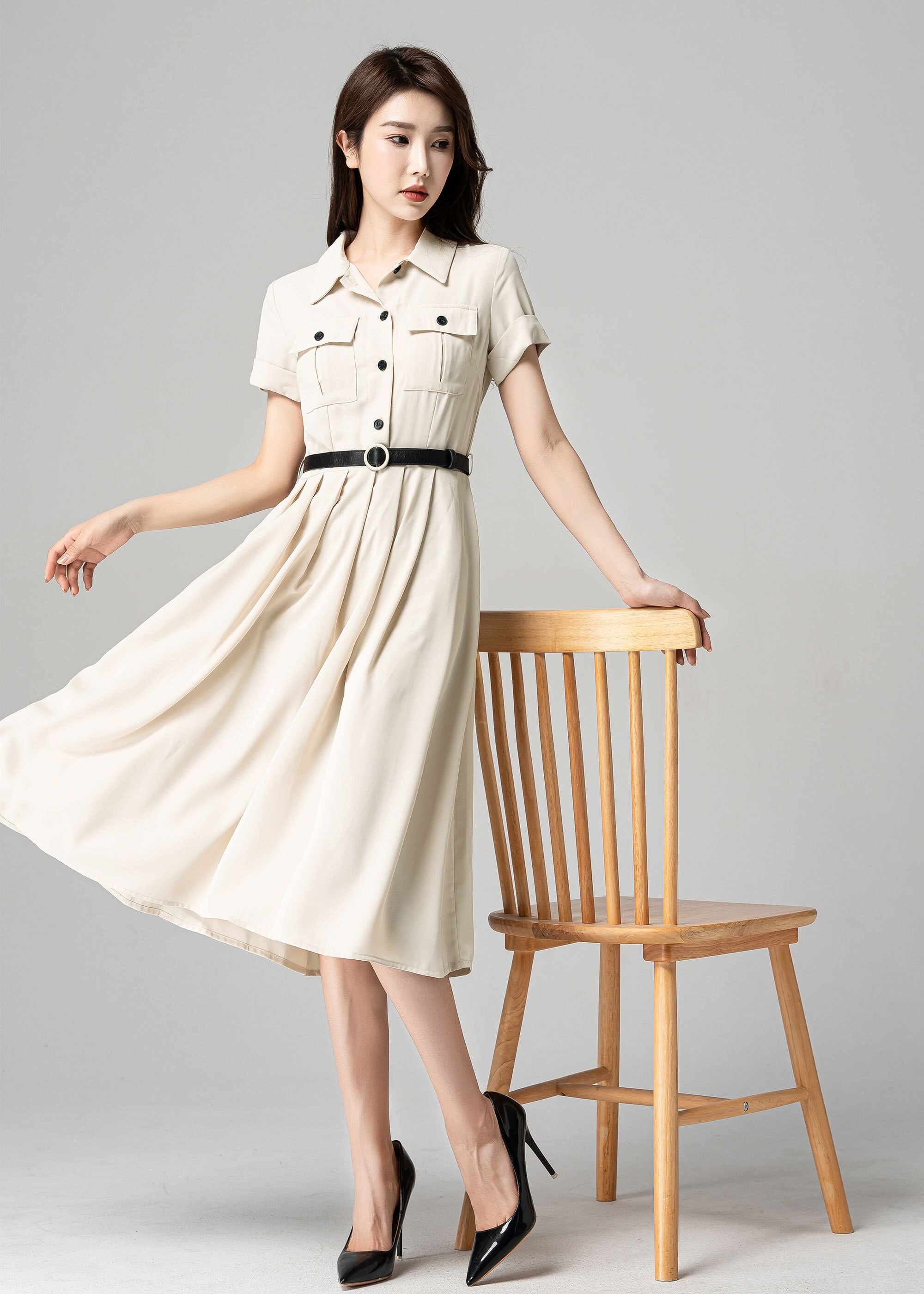 Military-inspired Dress, Midi Shirt Dress for Women, Beige Military-inspired Dress, Midi Shirt Dress for Women, Beige