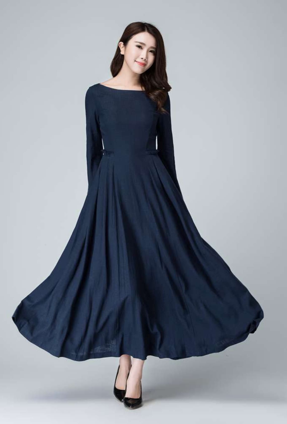 Dark Blue Dress Linen Dress Fall Dress Prom Dress Party Etsy Canada