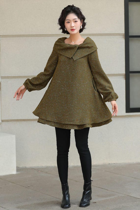 green dress black tights brown boots Olive Wool Tunic Top: A-line Sweater Blouse With Wide Collar, Xiaolizi 6513 Blazer outfit Style:(With Hijab) Cocktail Dresses ASOS Design mesh scarf A glam pick for