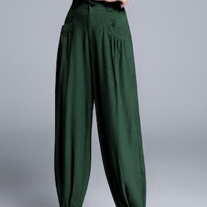 Green Linen pants, Long linen pants women, Casual linen pants with pockets, baggy pants, womens pants, Custom Linen pants, Xiaolizi 5605#