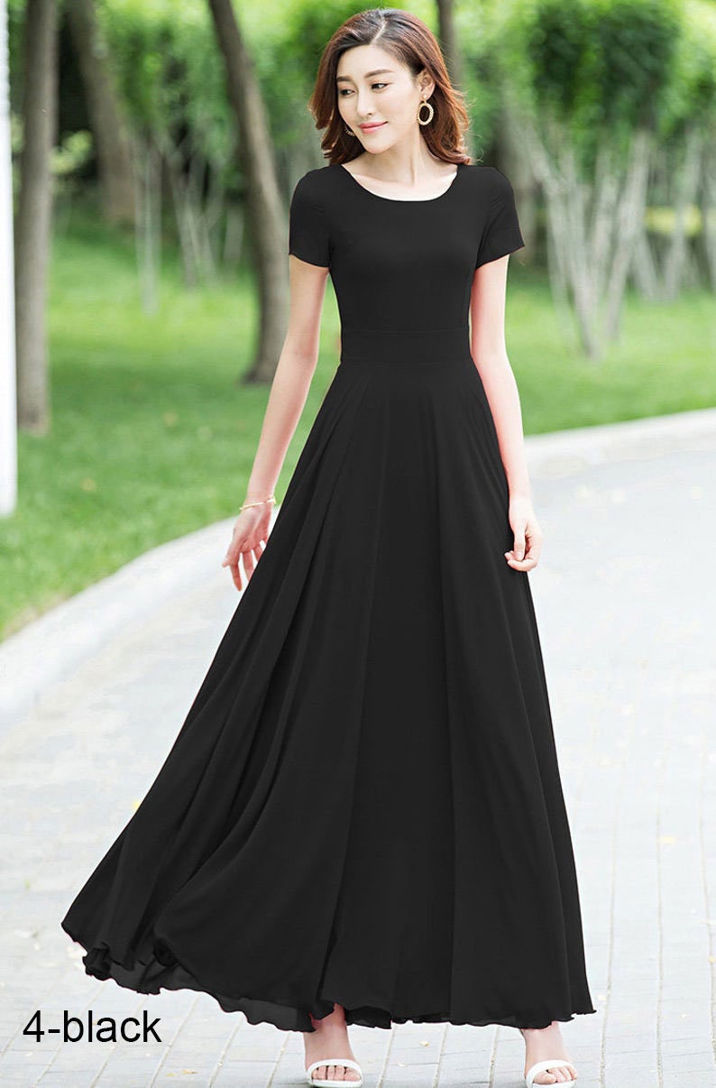 Blue Bridesmaid Dress with sleeves, Simple Beach wedding dress, Summer Long Women Chiffon dress, Bohemian Swing Chiffon maxi dress 1523 4-Black