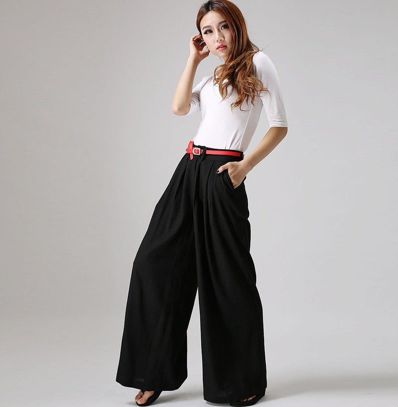 Black linen pants outfit summer casual street styles, Women's Wide leg linen pants with pockets, Long linen palazzo pants 0873 image 3