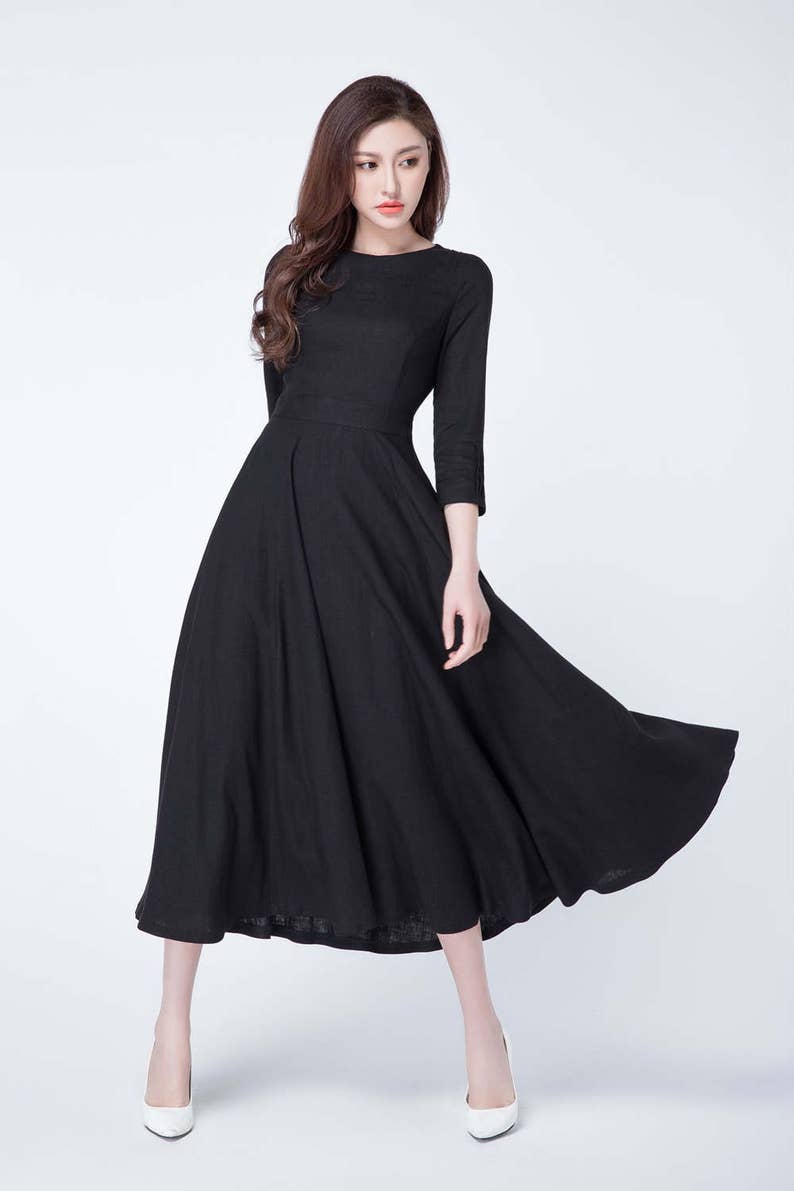 Black dress linen dress maxi dress pleated dress party | Etsy
