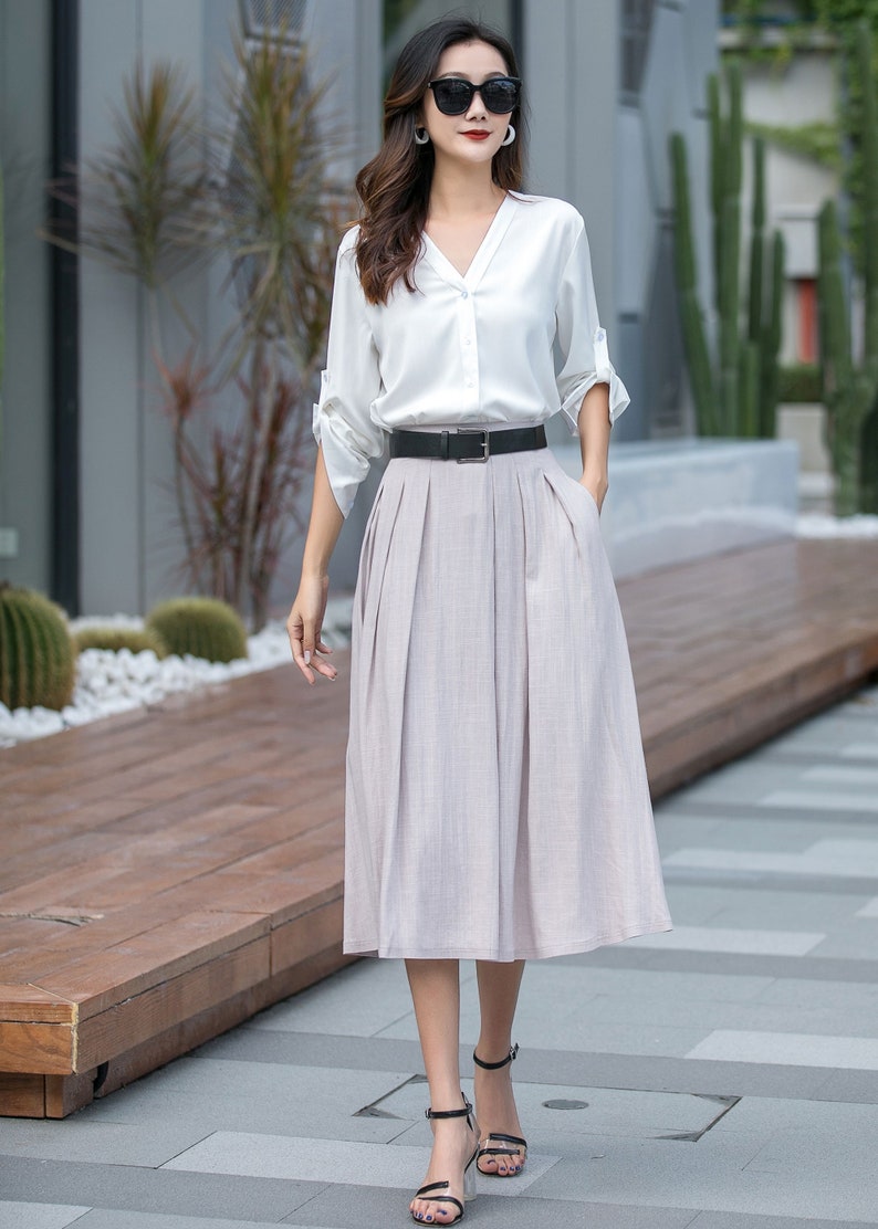 Pleated swing midi skirt, Midi Linen Skirt, Swing Linen Skirt With Pockets, Womens Skirt, A Line skirt, Xiaolizi, Handmade skirt 2882 image 10