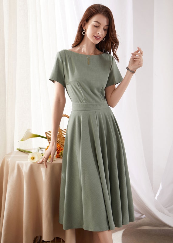 Womens summer Boat Neck Swing Midi Dress 3380# Womens summer Boat Neck Swing Midi Dress 3380#