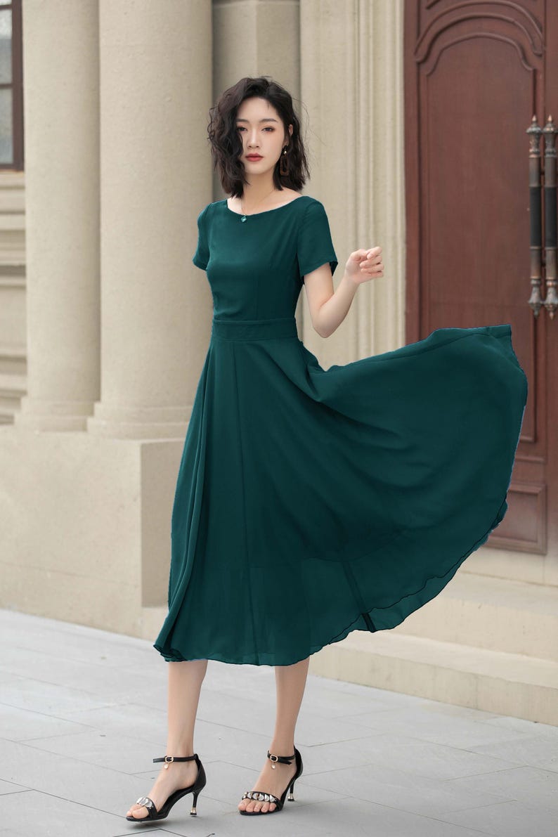 Elegant Deep Green Midi Dress, Flattering Aline Fit Dress, Handcrafted — free download