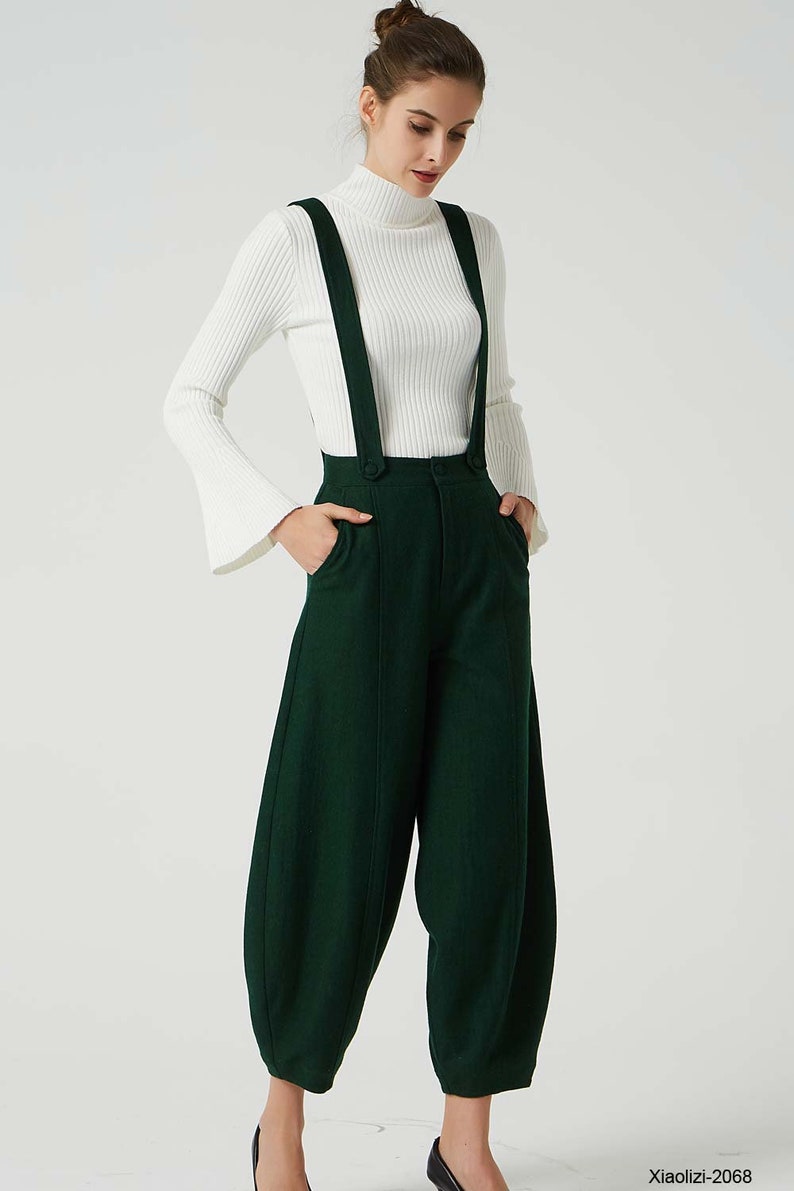 Green wool pants Suspender pants wool pants womens pants Etsy