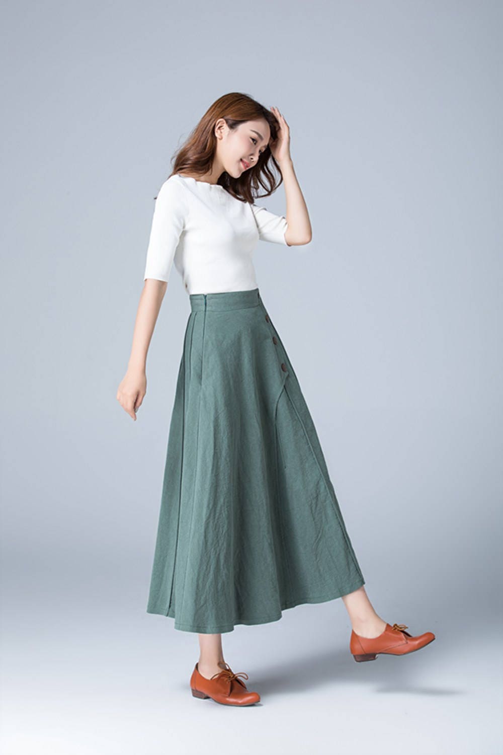 Green Skirt Linen Skirt Full Skirt Casual Skirt Button - Etsy