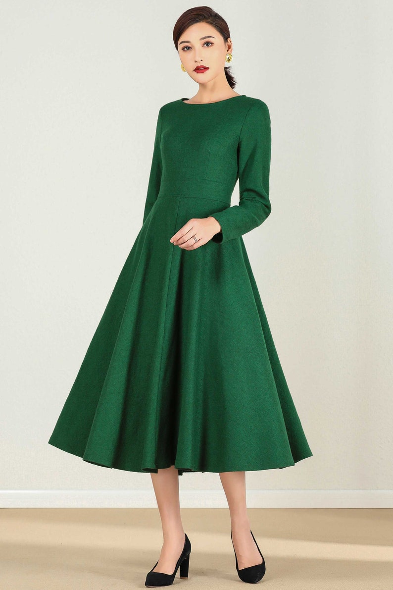 Green Wool Dress Fit&flare Wool Dress Swing Dress | Etsy