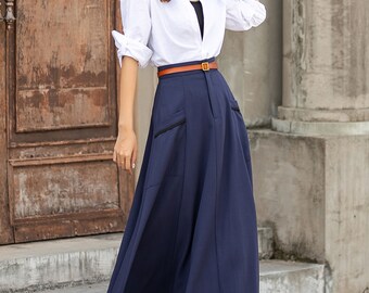 Long Swing Linen Maxi Skirt, A-line Linen Skirt, Navy Blue