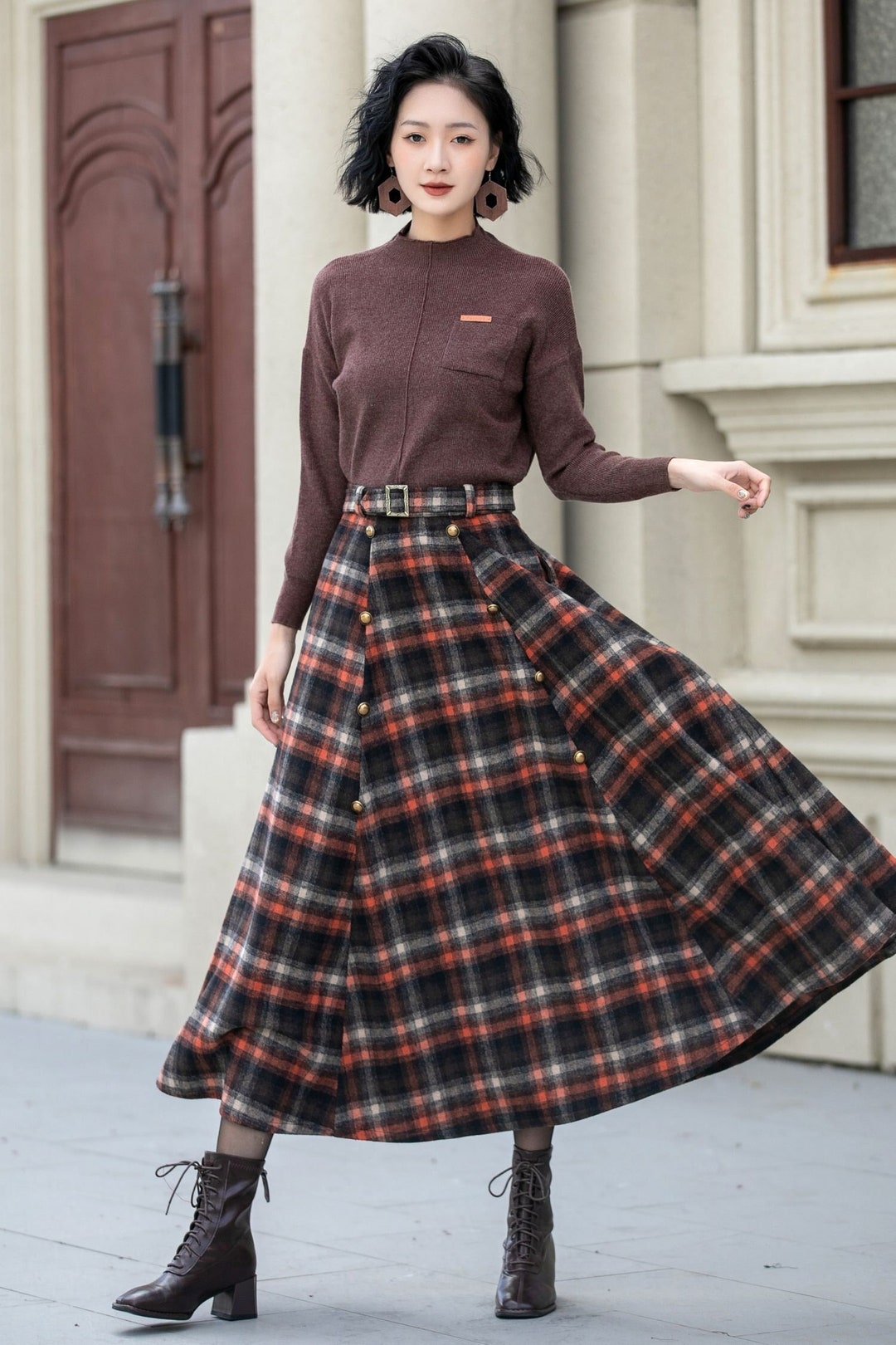 Moon Wood Plus Size Plaid Skirt 30 Plaid Wool Midi Skirt: Retro