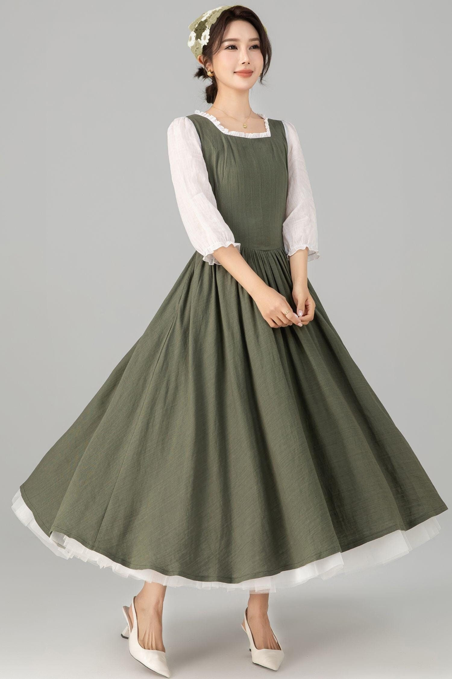 ワンピース Vintage linen dress Short Sleeve Vintage Inspired Linen Cottagecore Dress