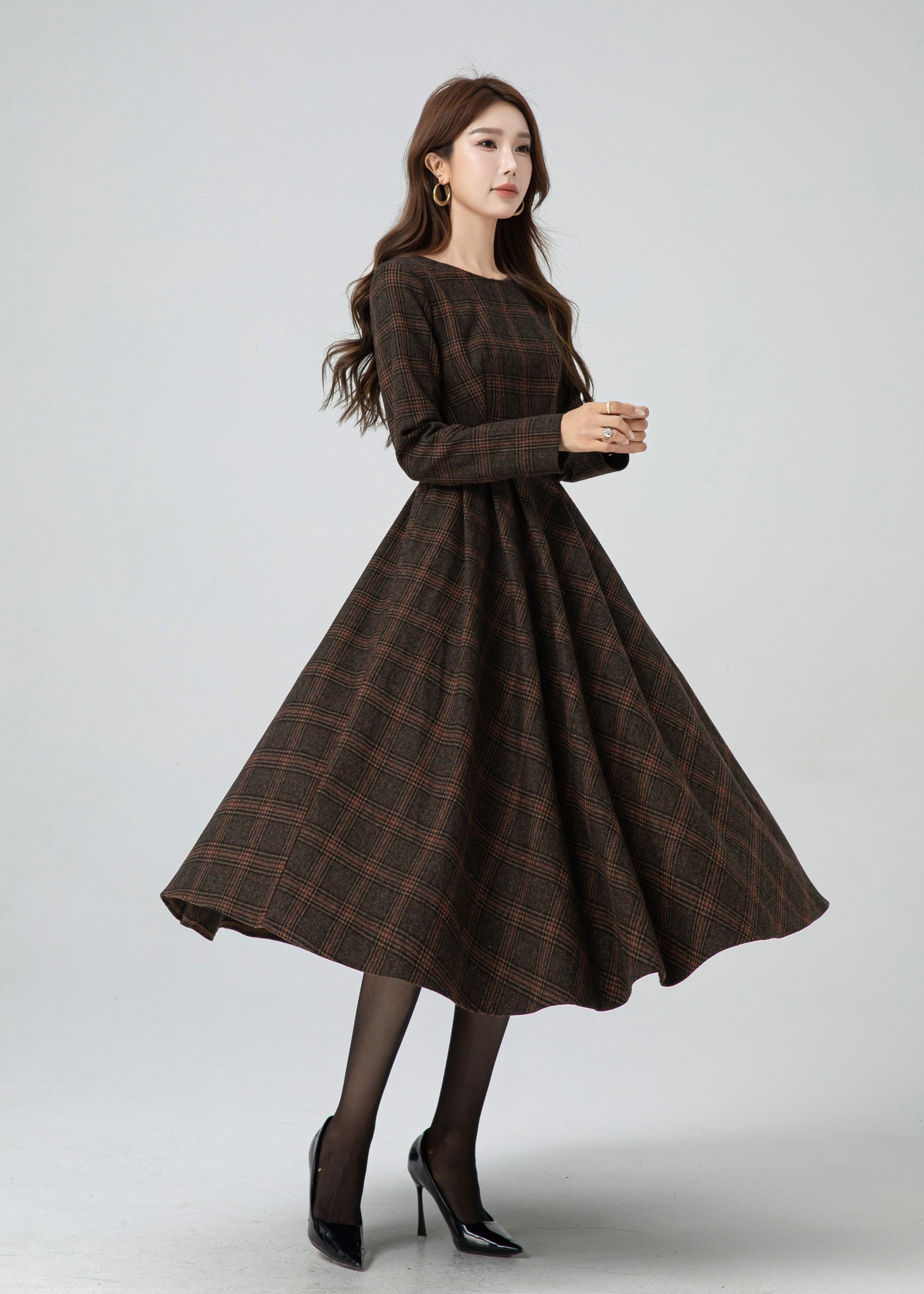 Plaid Wool dress, Wool midi dress, Swing wool Dress, Long Sleeve Wool Dress, Fit and Flare Dress, Winter Dress, Custom Dress, Xiaolizi 5303 Plaid Wool dress, Wool midi dress, Swing wool Dress, Long Sleeve Wool Dress, Fit and Flare Dress, Winter Dress, Custom Dress, Xiaolizi 5303