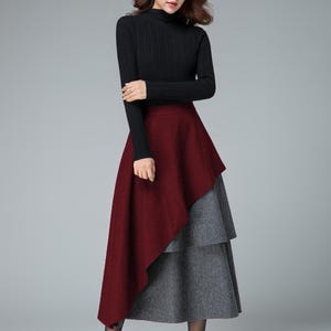 Gray Wool skirt, maxi winter skirt, layered skirt, high waisted skirt, womens skirts, winter skirt, designers clothing, holiday skirt 1833# Burgunday-6516