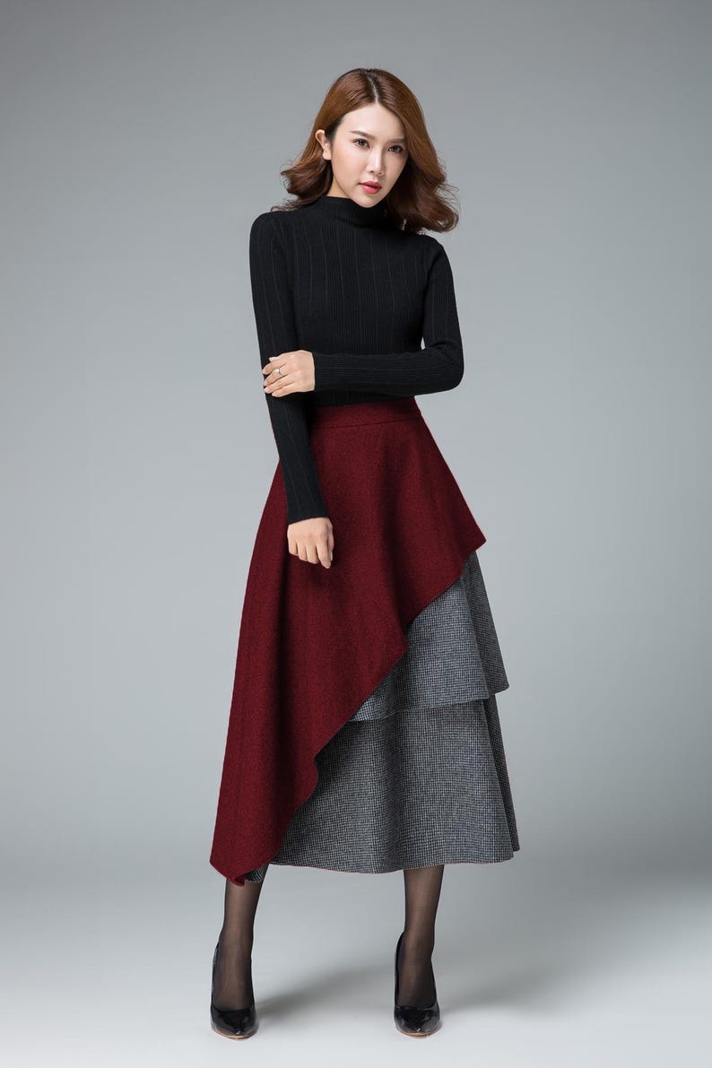 Gray Wool skirt, maxi winter skirt, layered skirt, high waisted skirt, womens skirts, winter skirt, designers clothing, holiday skirt 1833# Burgunday-6516