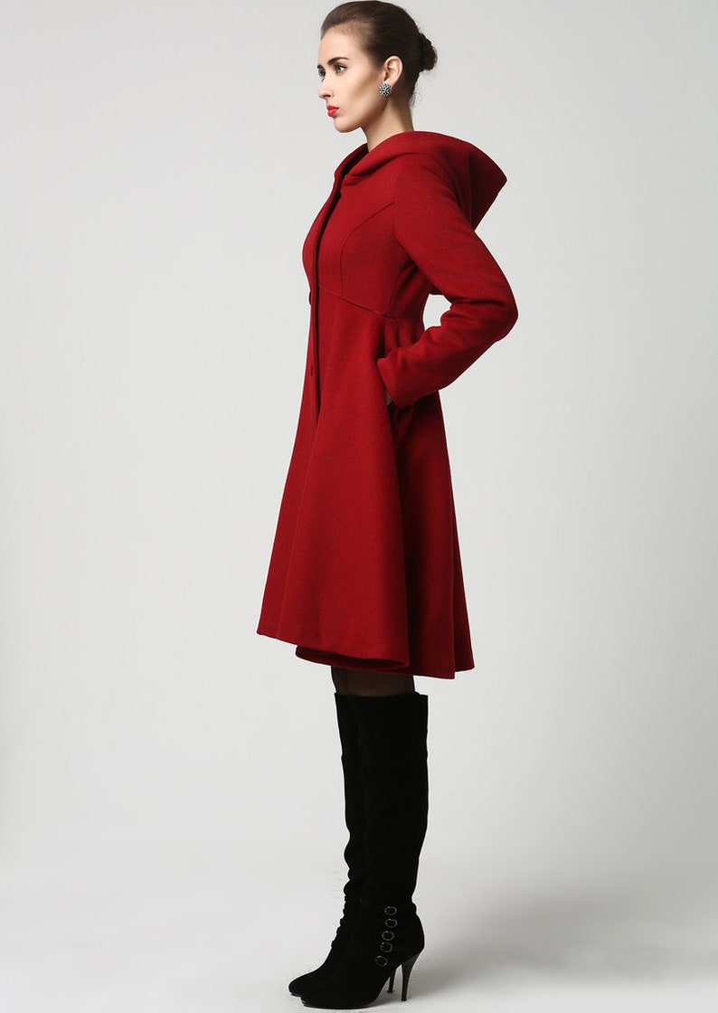 Wool Coat Winter Coat women Red coat Vintage Hooded swing | Etsy
