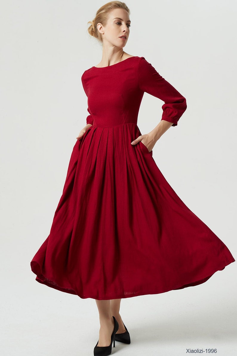 Boat Neck Long Linen dress, Womens A Line red Pleated maxi dress, Cottagecore dress, Summer spring outfit, Handmade dress, Xiaolizi 1996 image 7