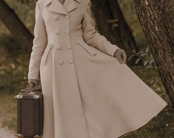 Vintage Inspired Maxi Wool Coat, Double Breasted Trench Wool Coat