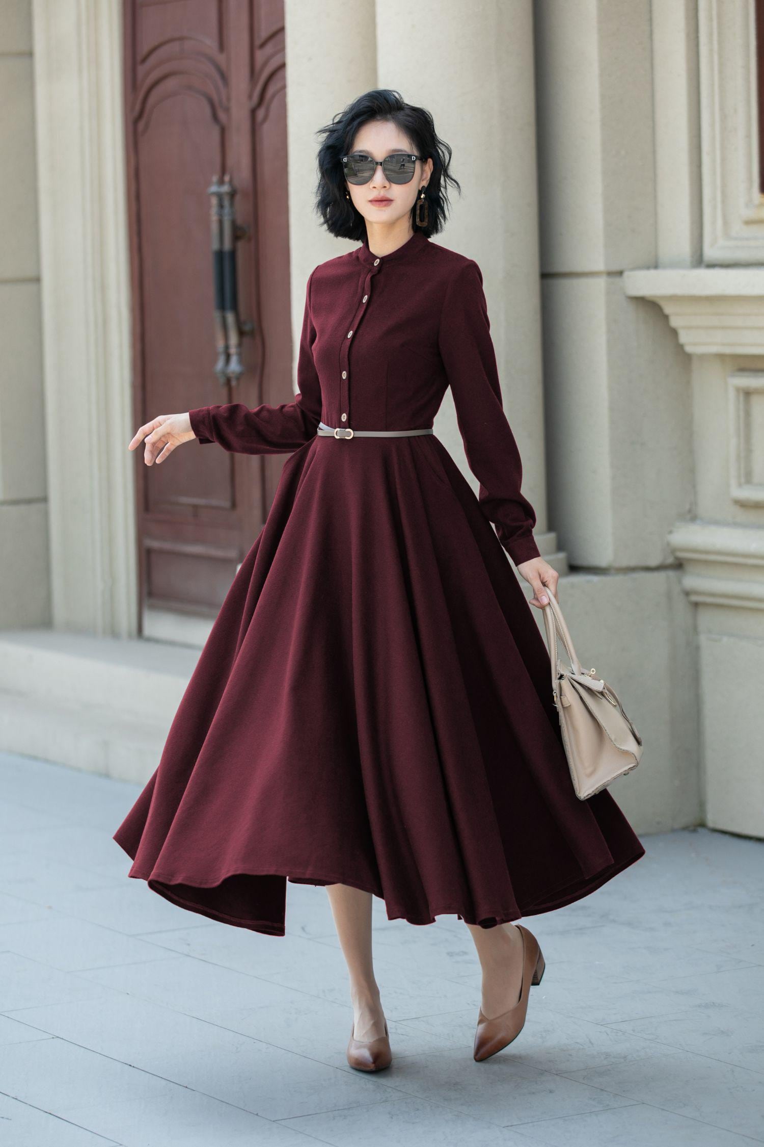Long Sleeve Wool Dress, Wool Shirt Dress, Button-up Wool Dress