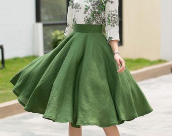 Green Linen Skirt, Women Summer Midi Linen Skirt, High Waisted