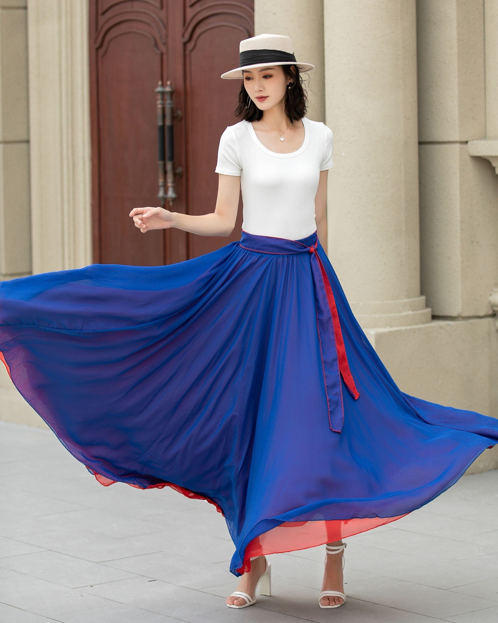 Chiffon Maxi Skirt Women, Red and Blue Chiffon Skirt, Swing Chiffon Maxi Skirt Women, Red and Blue Chiffon Skirt, Swing