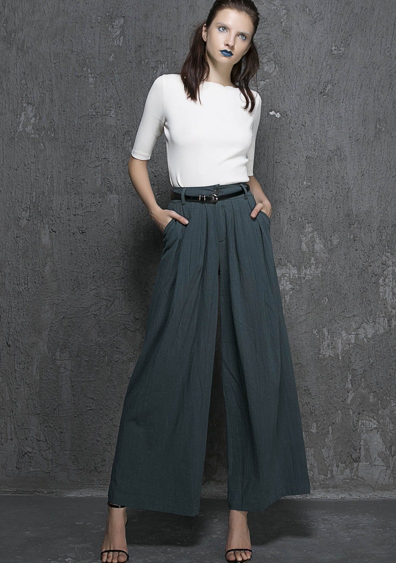 Gray palazzo pants, wide leg pants, womens long pants, linen pants, pleating pants, custom made, pockets pants, plus size available 0839 Green-1338#