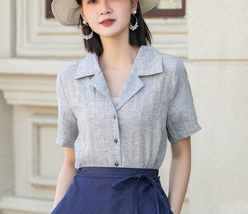 White Linen Shirt, Linen Tops for Women, Linen Button Up Shirt, Linen Shirt Women, Casual Womens Blouses, Linen blouse, Xiaolizi 4148 Gray