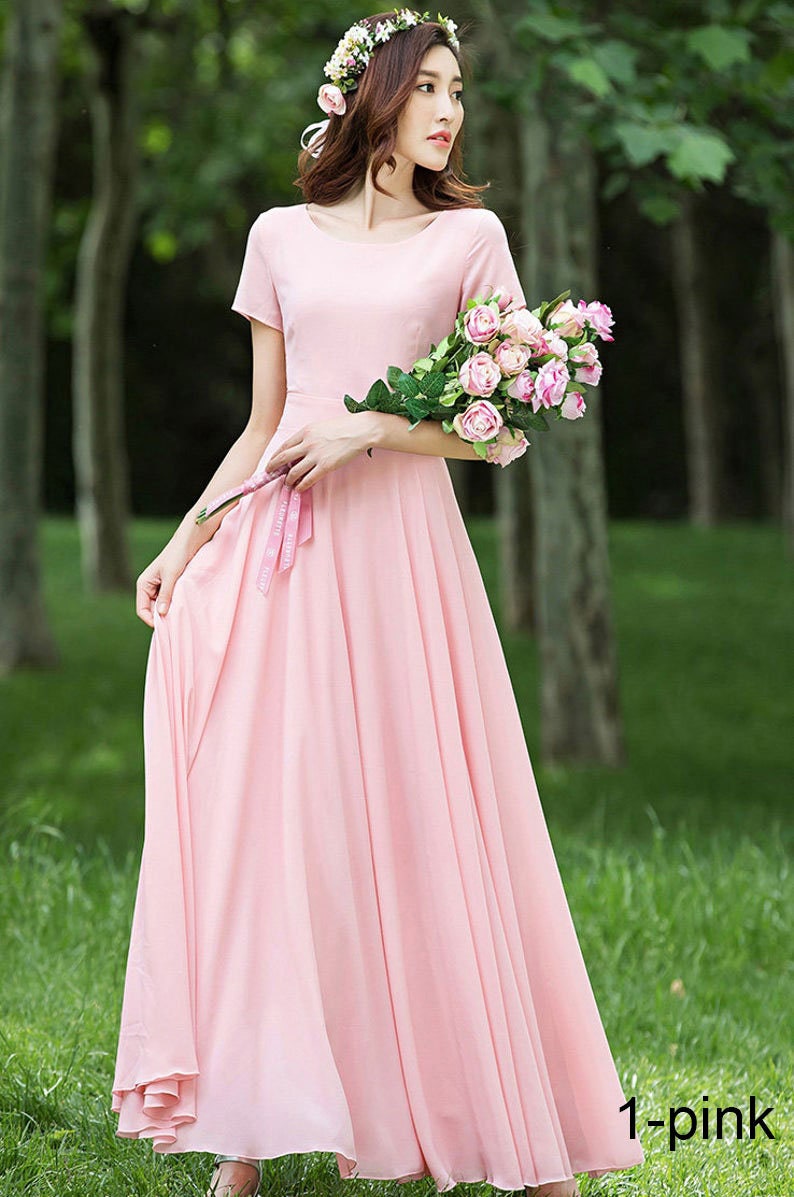 Blue Bridesmaid Dress with sleeves, Simple Beach wedding dress, Summer Long Women Chiffon dress, Bohemian Swing Chiffon maxi dress 1523 1-Pink