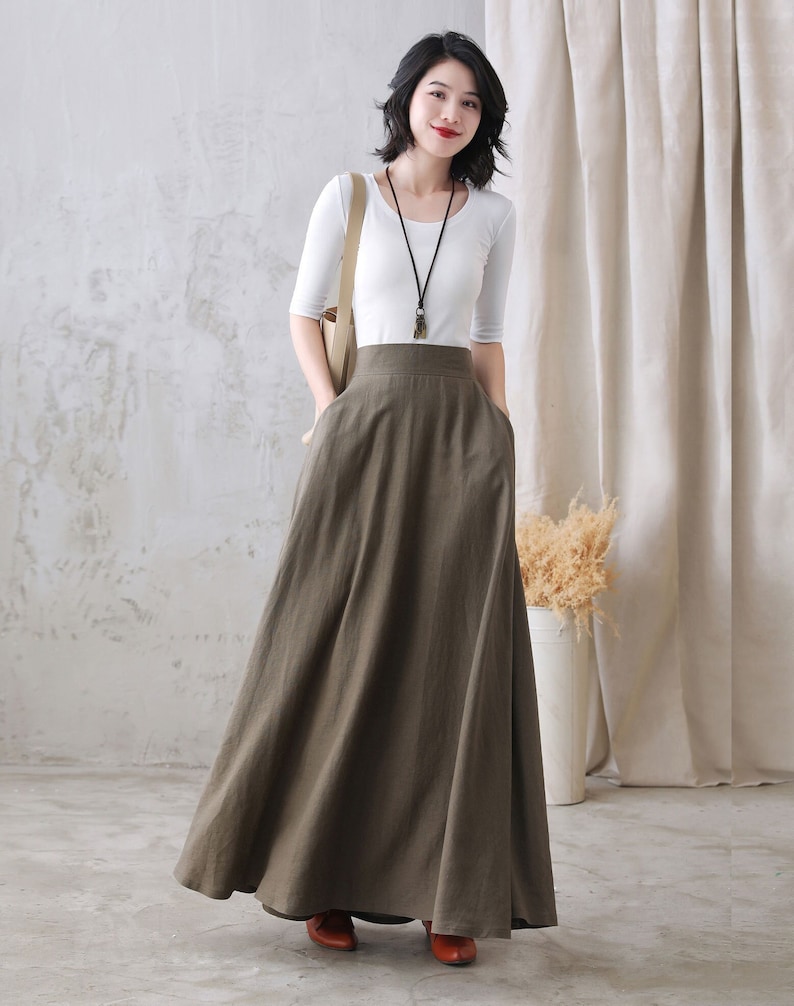 Long Linen Skirt, Linen Maxi Skirt for Women, A Line Long Skirt, High Waist Flared Skirt, Minimalist Skirt, Spring Summer Swing Skirt 2767 1-dark khaki