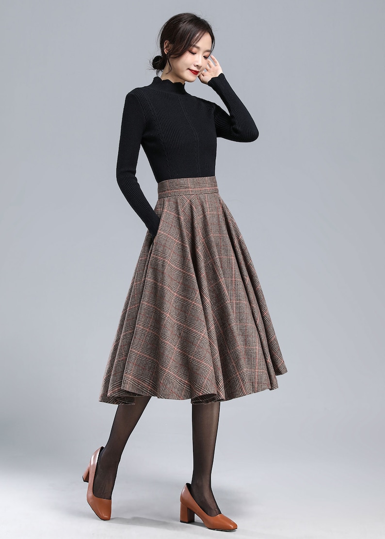 Plaid Wool Skirt Women, Tartan Wool Circle Skirt, High Waist Wool Skirt, Flared Winter Autumn Skirt with Pockets, Swing Wool Skirt 3167 image 2