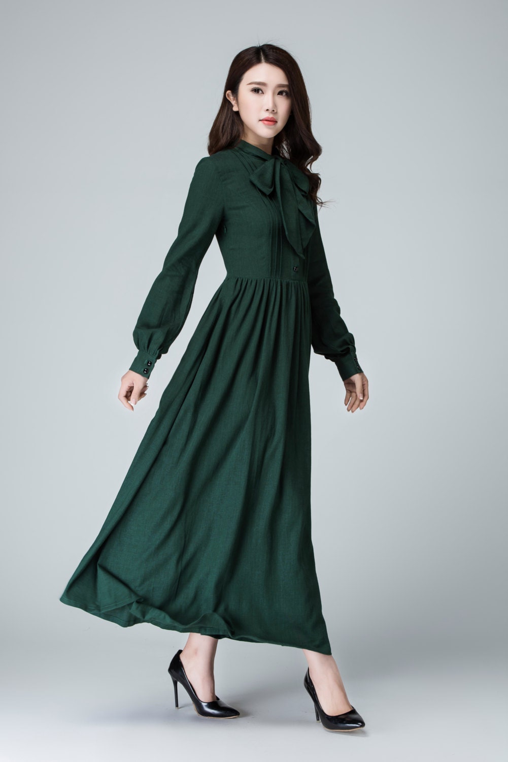 Linen Dress | Xl Green Handmade Long Sleeve Shirt In 1455 Handmade By Xiaolizi