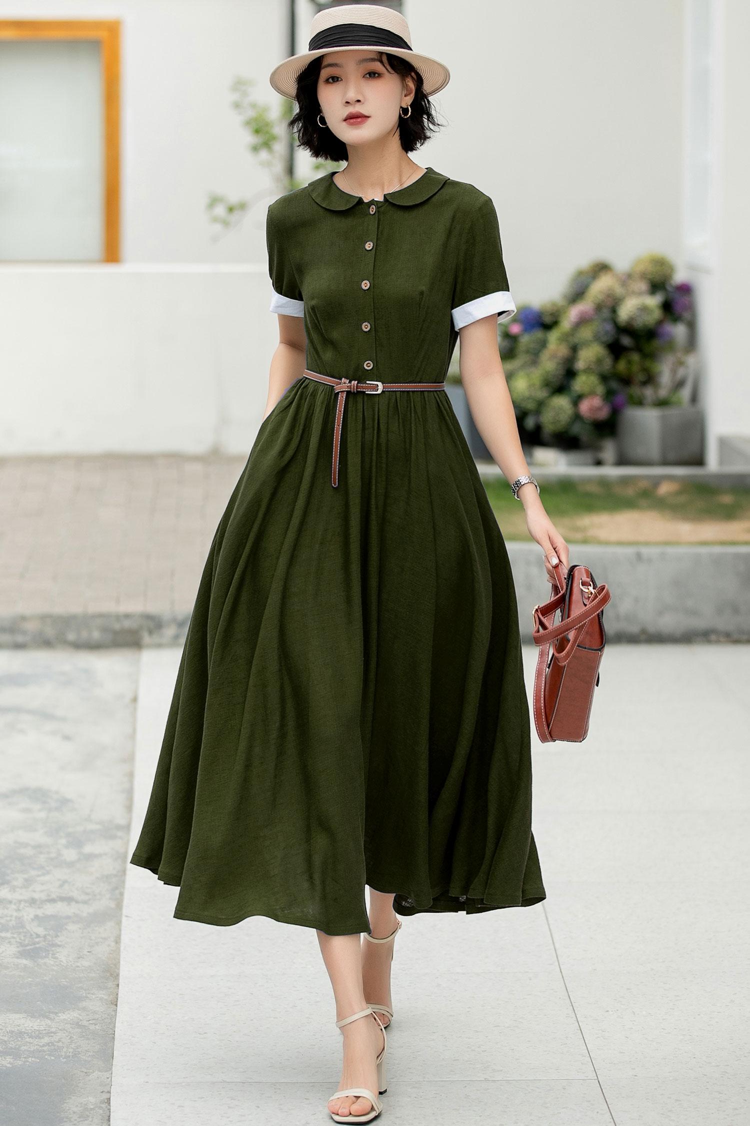 Summer work Dress, Linen Shirt Dress, Womens Green Summer Linen Midi Dress, Swing Dress, Custom Casual everyday outings, Xiaolizi 6048# Summer work Dress, Linen Shirt Dress, Womens Green Summer Linen Midi Dress, Swing Dress, Custom Casual everyday outings, Xiaolizi 6048#