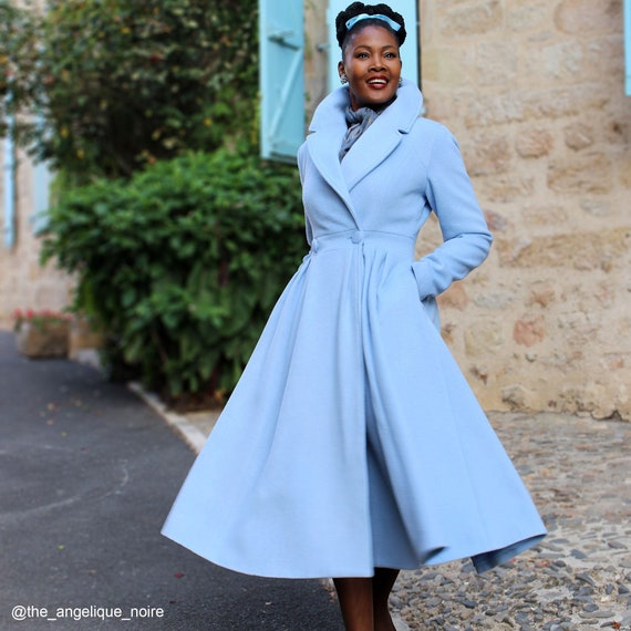 1950s Vintage Inspired Wool Coat, Wool Princess Coat, Blue Coat