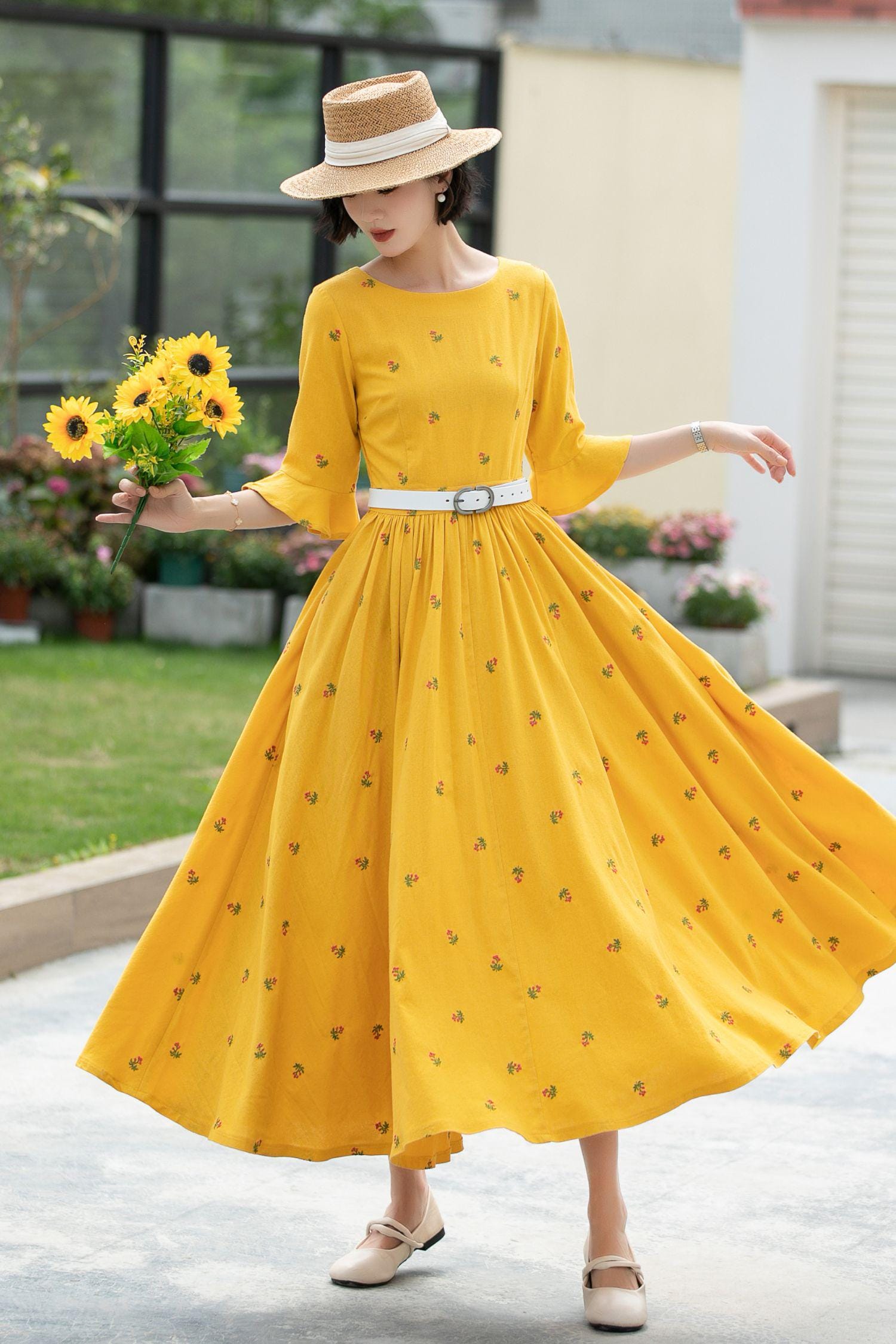 Linen Summer Dress | Yellow Floral Long Spring 5985 Handmade By Xiaolizi