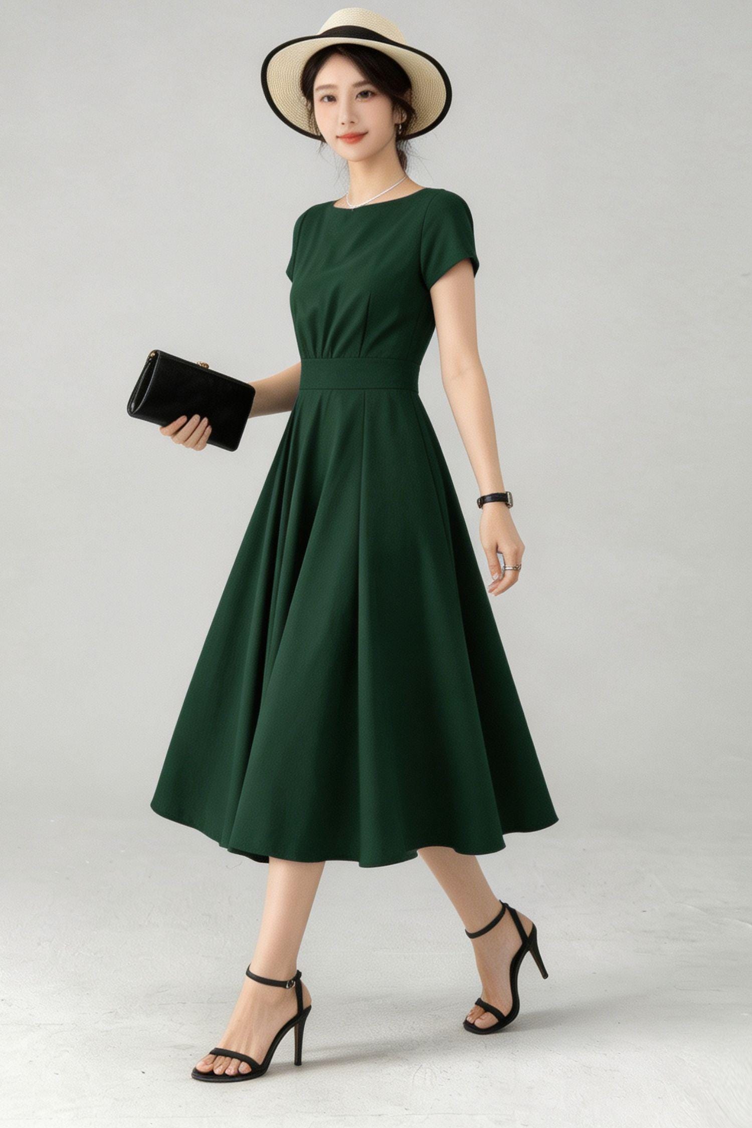 green dress black shoes Dark Cotton-Linen Midi with Pleated A-Line Swing Skirt 6833 Green / Custom order Black heels