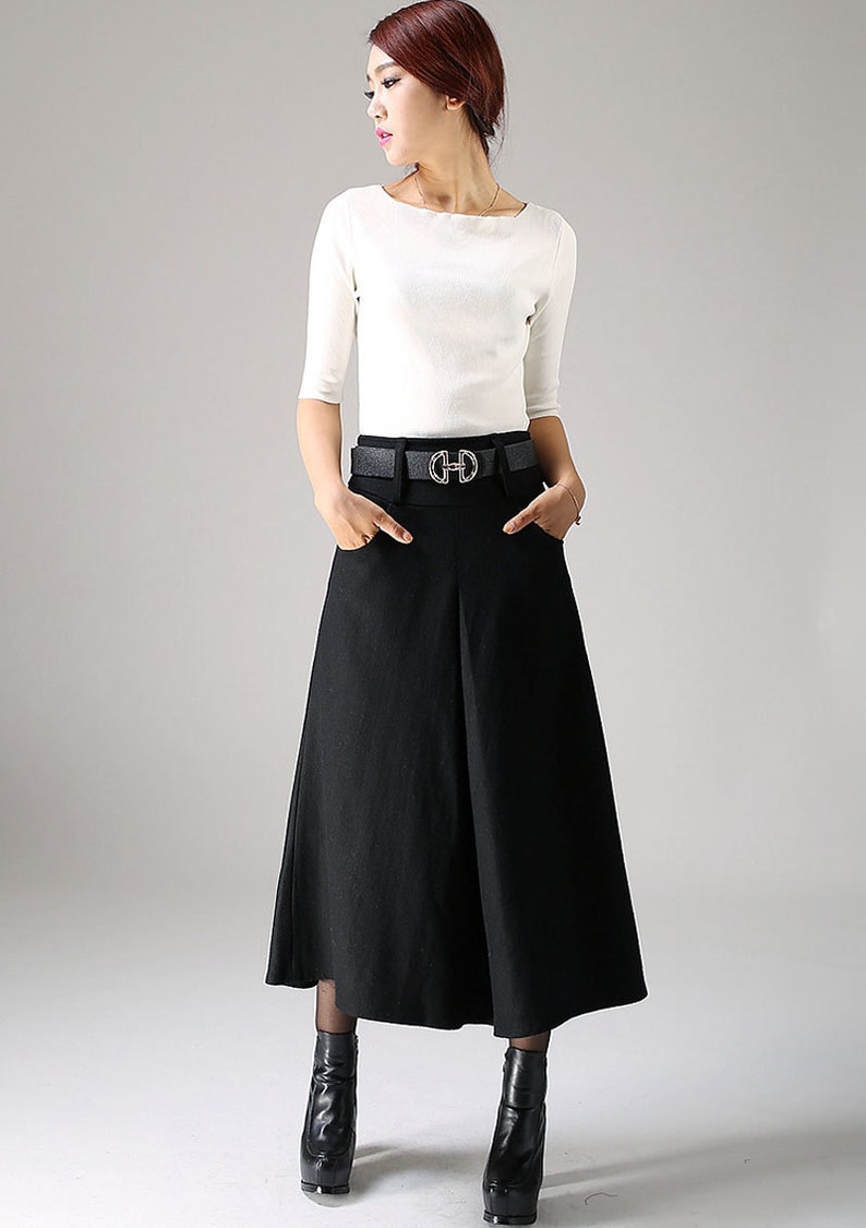 A line Midi skirt, wool skirt, Black skirt, winter skirt, pockets skirts, pleated skirt, woman skirt, warm skirt, custom skirt 1084 black-1084#