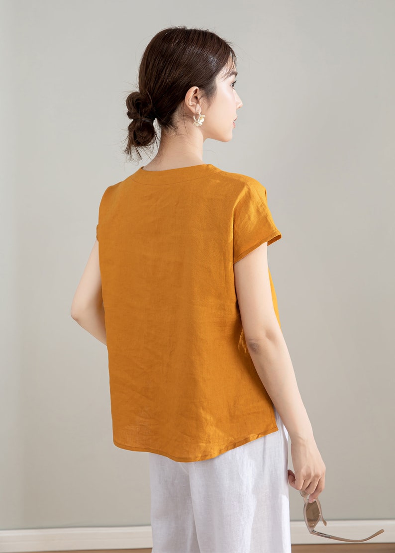 Yellow Linen Shirt, Womens Linen Top, Short Sleeve Casual Linen Blouse, Organic Linen Top, Plus Size Linen, Custom Shirt, Xaolizi 4207 image 6