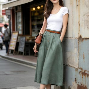Office Wear, Linen skirt, Midi skirt, Green Button front Skirt, Womens midi skirt, A-Line Skirt, Plus size Skirt with Pockets, Xiaolizi 3697 image 5