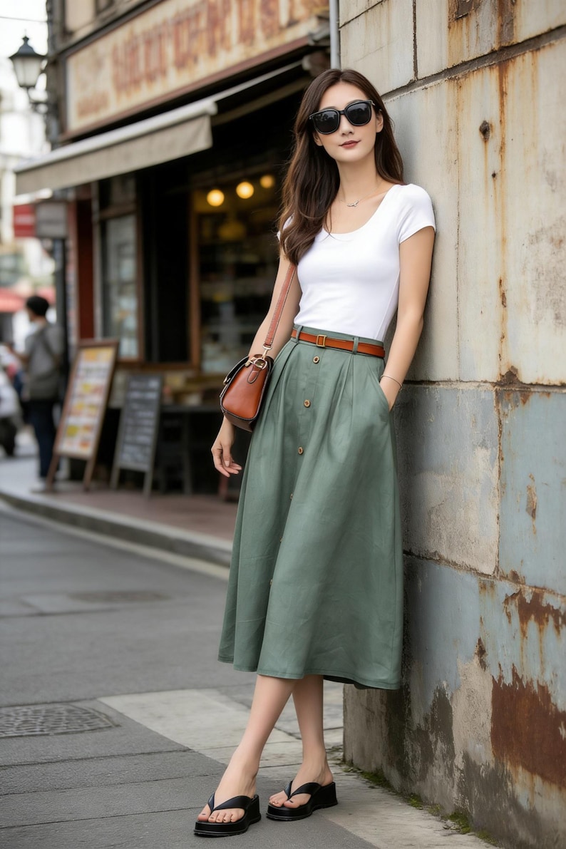 Office Wear, Linen skirt, Midi skirt, Green Button front Skirt, Womens midi skirt, A-Line Skirt, Plus size Skirt with Pockets, Xiaolizi 3697 image 5