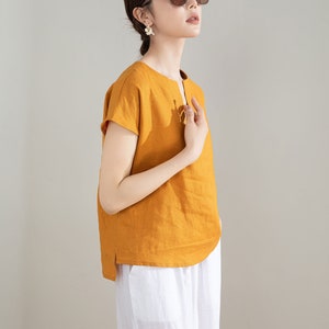 Yellow Linen Shirt, Womens Linen Top, Short Sleeve Casual Linen Blouse, Organic Linen Top, Plus Size Linen, Custom Shirt, Xaolizi 4207 image 5